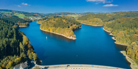 Aerial view of the agger dam in Gummersbach