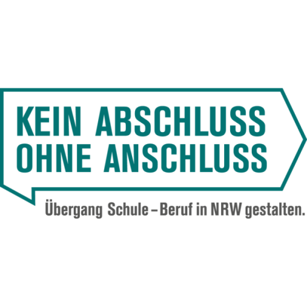 Grafik mit dem Text 'Kein Abschluss ohne Anschluss' in einem stilisierten Pfeilrahmen, darunter der Satz 'Übergang Schule – Beruf in NRW gestalten.'.