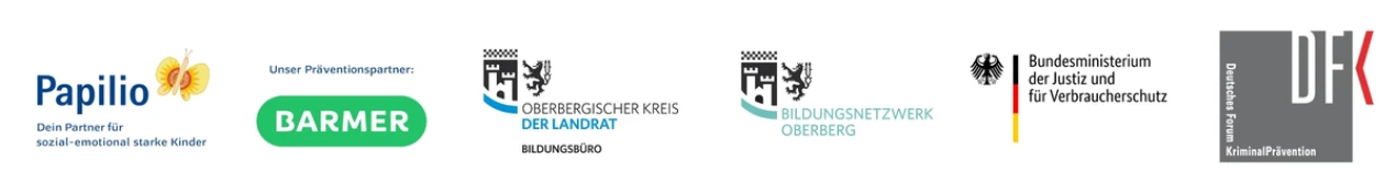 Logoleiste Papilio, Barmer, Bildungsbüro, Bildungsnetzwerk, Bundesministerium der Justiz und für Verbraucherschutz, DFK