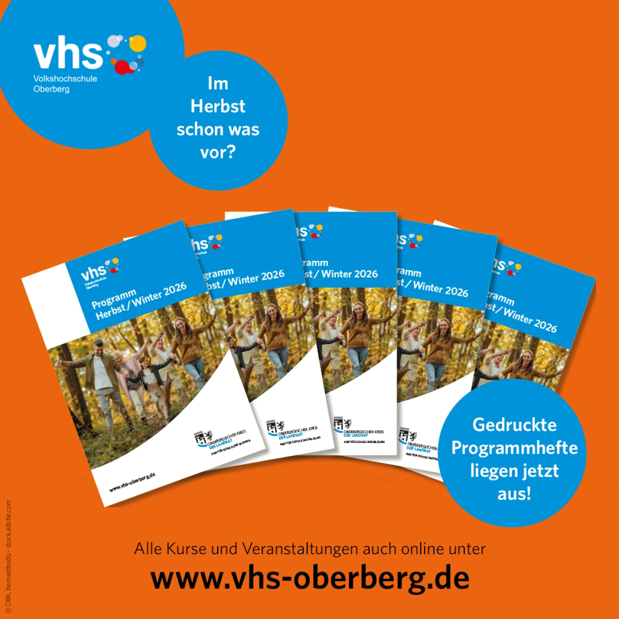 Werbung für die Volkshochschule Oberberg. Fünf Programmhefte für Herbst/Winter 2026 mit dem Bild einer Familie im Herbstwald. Text: 'Gedruckte Programmhefte liegen jetzt aus! Alle Kurse und Veranstaltungen auch online unter www.vhs-oberberg.de'.