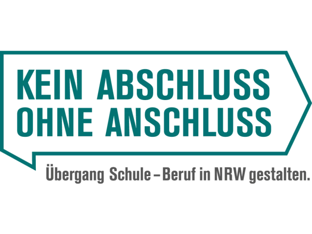 Grafik mit dem Text 'Kein Abschluss ohne Anschluss' in einem stilisierten Pfeilrahmen, darunter der Satz 'Übergang Schule – Beruf in NRW gestalten.'.