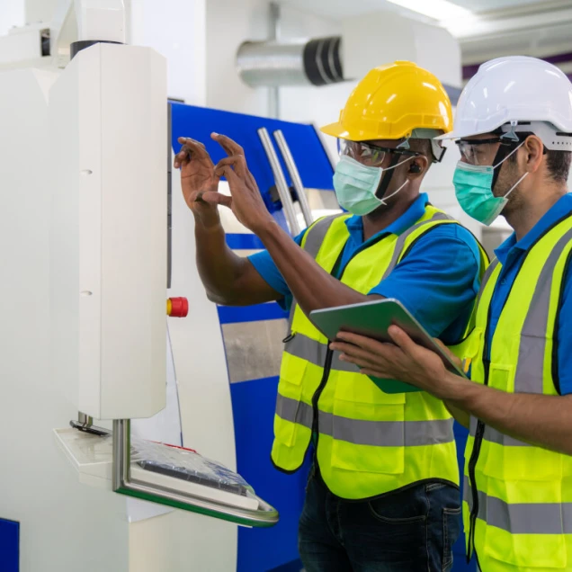 Asian industrial engineers and worker in hard hats discuss product line while using digital tablet in cnc milling cutting machine in a heavy industry manufacturing factory.