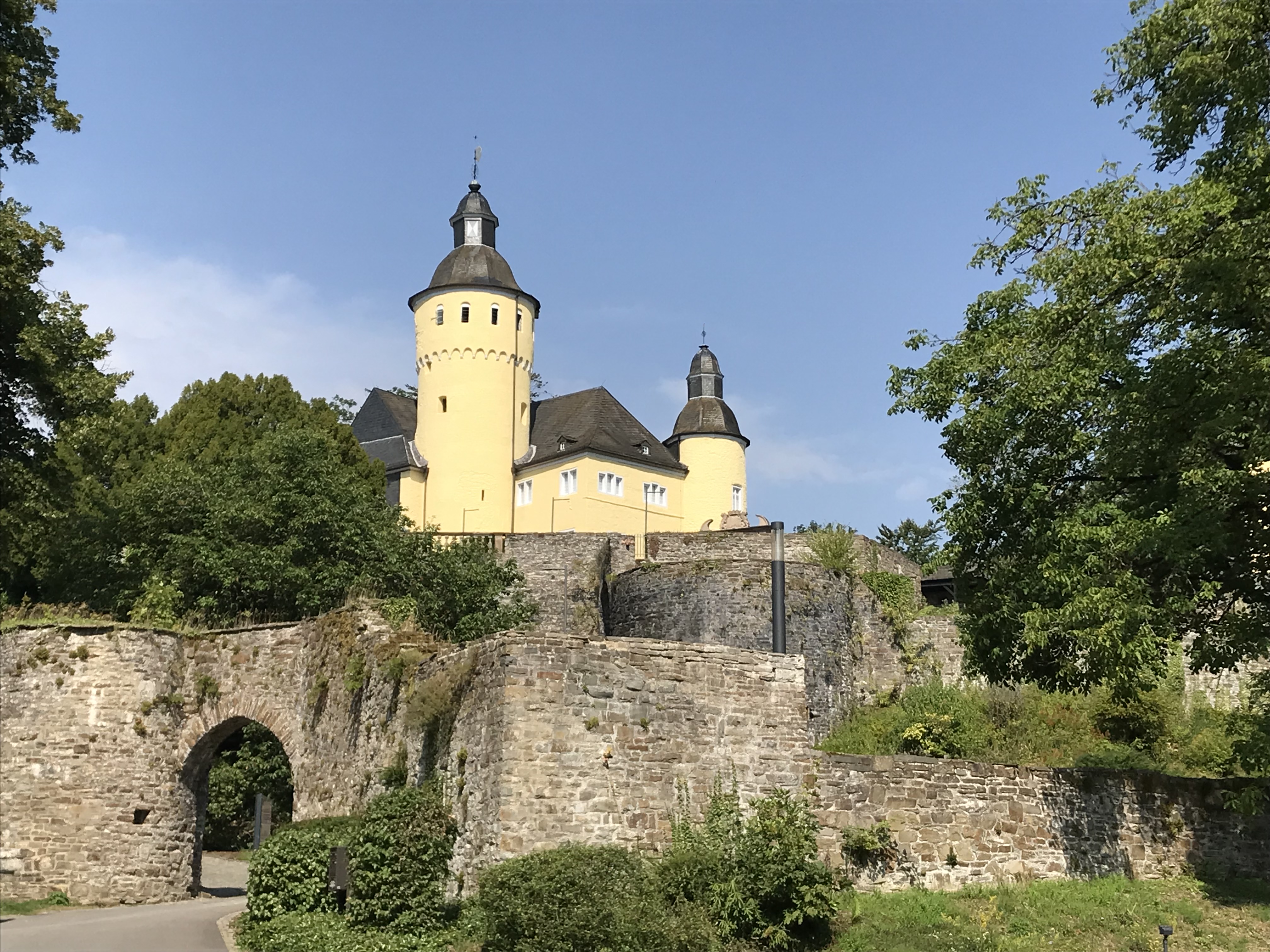 Ein gelbes Schloss mit einem runden Turm und einem spitzen Dach, umgeben von alten Steinmauern und Bäumen, unter einem blauen Himmel.