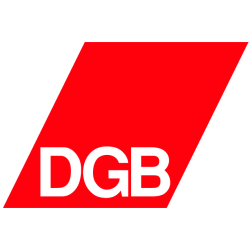 Ein rotes Logo mit weißen Buchstaben 'DGB' auf einem schräg nach rechts geneigten Rechteck.