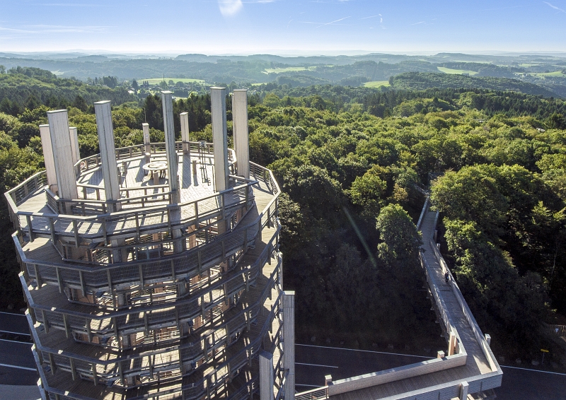 Ein spiralförmiger Aussichtsturm aus Holz und Metall ragt über einen Wald. Eine erhöhte Gehwegkonstruktion führt zu dem Turm. Im Hintergrund ist eine hügelige Landschaft sichtbar.
