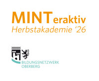 Logo mit orangefarbener Schrift 'MINT eraktiv Herbstakademie '26' und darunter das Logo des Bildungsnetzwerks Oberberg mit Wappen und Schriftzug.